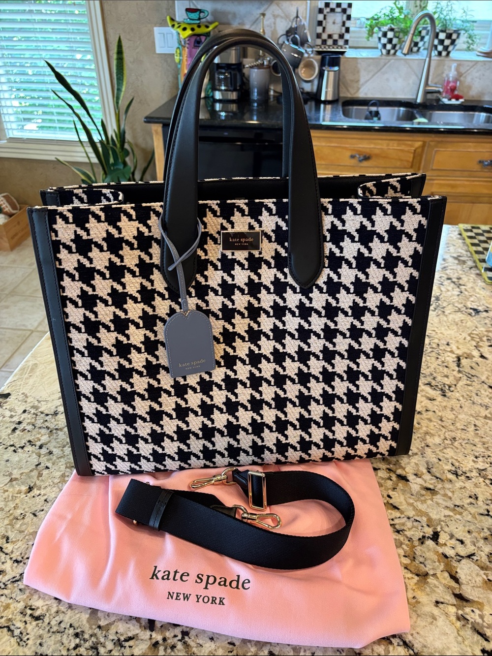 NWOT - Kate Spade- Black and White Houndstooth Tote with Detachable Strap